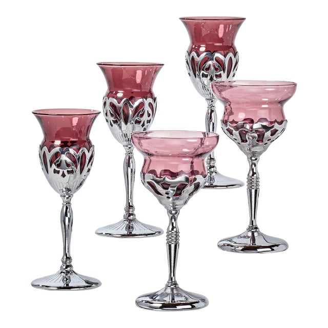 1930s Set of 5 Art Deco Krome Kraft Stemmed Glasses - Amethyst/Rose - By Farber Bros For Sale