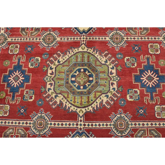Kazak Rug 9′ X 11’11” Red Wool Tribal Hand-Knotted Oriental Carpet For Sale In Philadelphia - Image 6 of 15