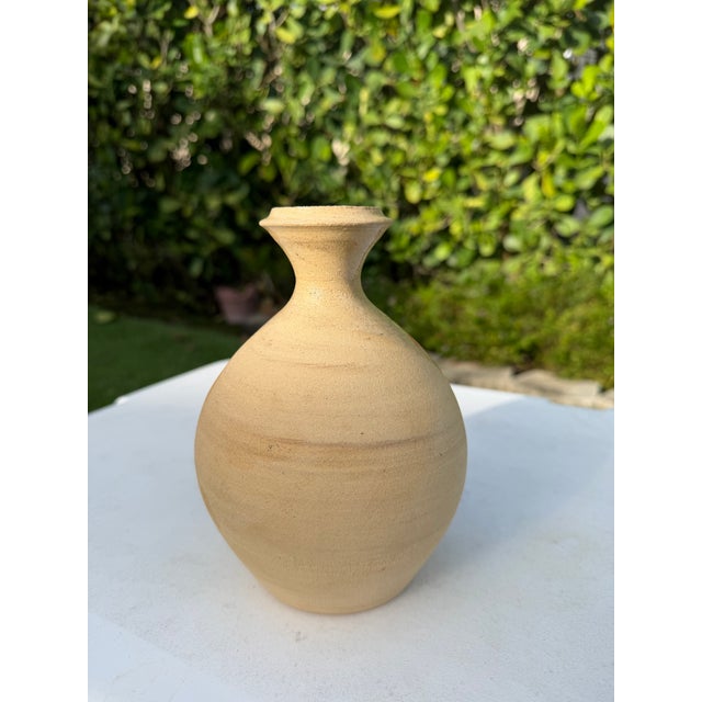 Eggshell Handcrafted 7” Studio Pottery Bottle Vase With Coral Brushwork, Signed For Sale - Image 8 of 11