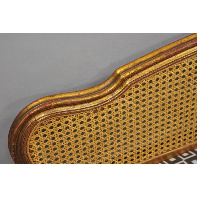 Wood Vintage French Louis XV Style Distressed Gold Gilt Cane Back Vanity Bench Seat For Sale - Image 7 of 18