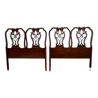 Chippendale Style Mahogany Twin Headboards Pair Carved Wood 1960s Set Vintage For Sale