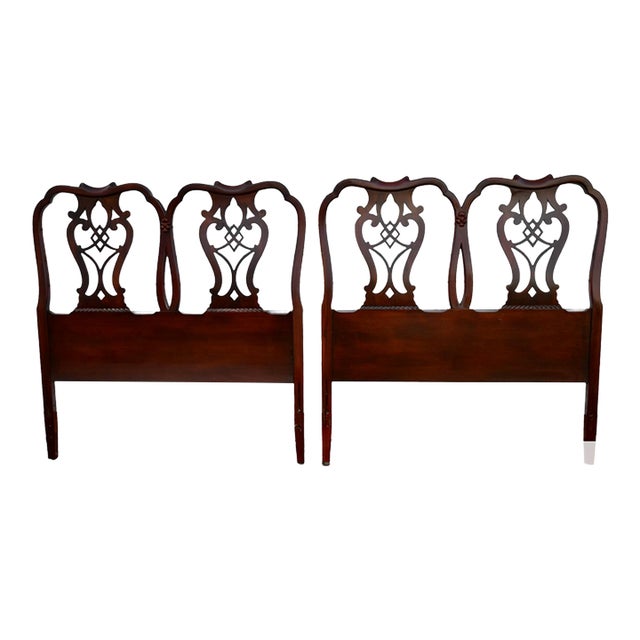 Chippendale Style Mahogany Twin Headboards Pair Carved Wood 1960s Set Vintage For Sale