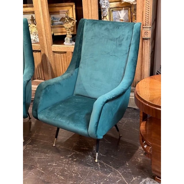 Mid-Century Modern Pair of MCM Green Velvet Armchairs After Marco Zanuso For Sale - Image 3 of 7