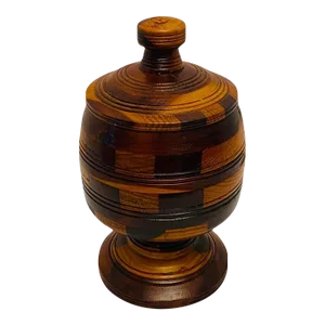 Vintage Hand Turned Treenware Inlaid Wooden Apothecary Style Lidded Vessel.