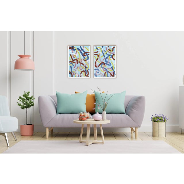 Baby Blue 2022 "Urban Brushstrokes on Baby Blue" Acrylic Diptych Painting on Watercolor Paper by Natalia Roman - Set of 2 For Sale - Image 8 of 11