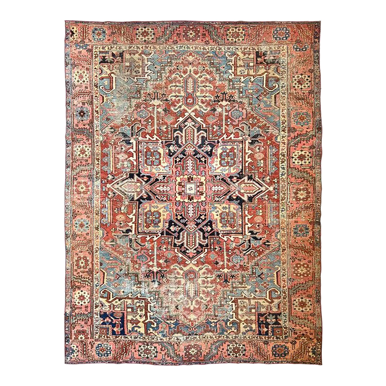 Antique Heriz in Rare Coral Pink Border With Water Blue Corners Rug - 9 ...