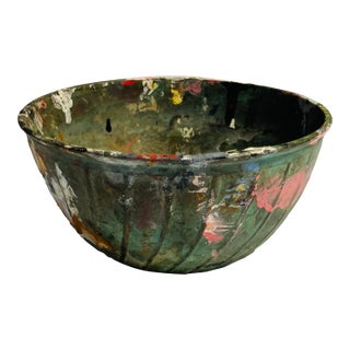 Vintage Decorative Artist Metal Bowl in Verdigris Color With Paint Splashes Raised Swirl Pattern in Metal Ridged Edge at Top For Sale