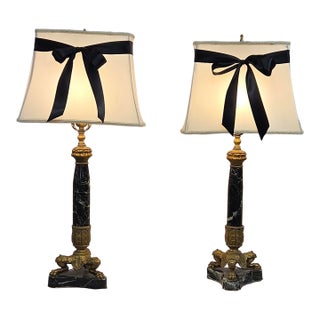 Vintage French Empire Neoclassical Style Marble and Gilt Bronze Table Lamps - Pair For Sale