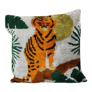 Tiger Ikat Velvet Pillow - Animal Silk Cushion Cover