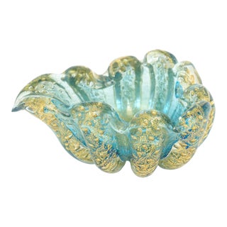 MId Century Modern Barovier E Toso Murano Cordonato d'Oro Turquoise and Gold Aventurine Glass Bowl For Sale
