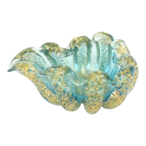 MId Century Modern Barovier E Toso Murano Cordonato d'Oro Turquoise and Gold Aventurine Glass Bowl