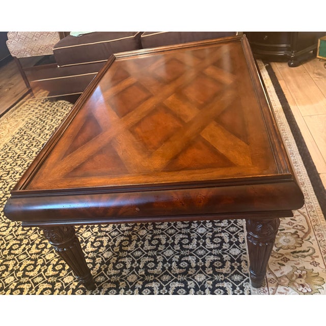 Traditional Vintage Regency Style Mahogany Parquetry Coffee Table With Flame Mahogany Apron For Sale - Image 3 of 15
