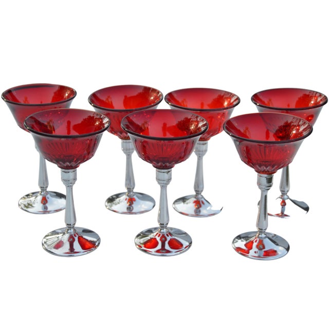 Art Deco Vintage Red Glass & Silver Stemmed Goblets - Set of 7 For Sale - Image 3 of 7