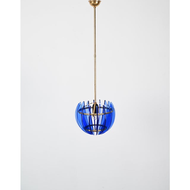 1960s Mid-Century Italian Blue Glass and Brass Pendant attributed to Galvorame, Italy, 1960s For Sale - Image 5 of 17