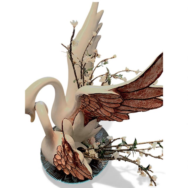 White 1980s Large Hand Painted Loving Swans Ceramic Statue Vase For Sale - Image 8 of 14