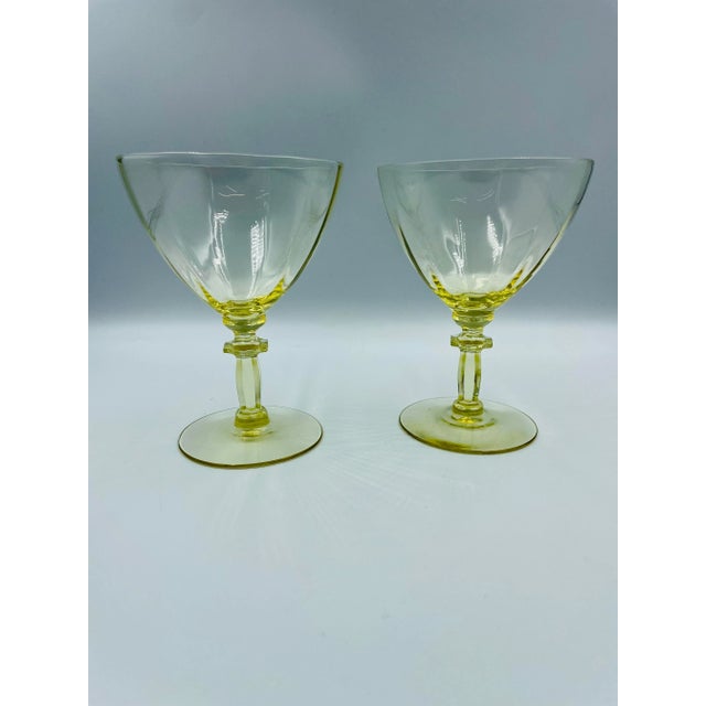 Glass Mid 20th Century Fostoria "Fairfax" Pattern in June Topaz Color Cocktail/Wine Glasses- a Pair For Sale - Image 7 of 11