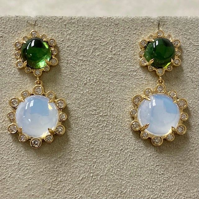 Contemporary Syna Earrings with Green Tourmaline, Moon Quartz and Diamonds, a Pair For Sale - Image 3 of 5