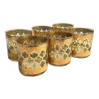 Culver Valencia 22kt Gold Glasses Lowball on the Rocks Old Fashion Barware Vintage Mid Century Set of 6 For Sale