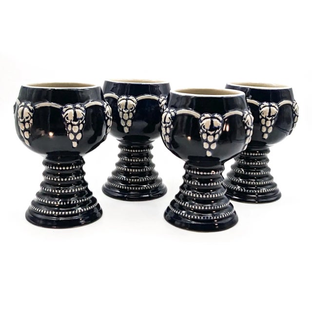 Vintage West German Cobalt Salt Glaze Stoneware Goblets With Grape and Leaf Motif- Set of 4 For Sale - Image 4 of 11