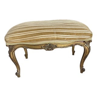Louis XVI Gold Leaf Ottoman Bench – Tufted Damask Vanity Seat, Circa 1930s For Sale