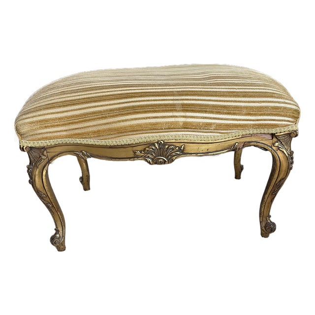 Louis XVI Gold Leaf Ottoman Bench – Tufted Damask Vanity Seat, Circa 1930s For Sale