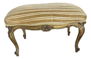 Louis XVI Gold Leaf Ottoman Bench – Tufted Damask Vanity Seat, Circa 1930s