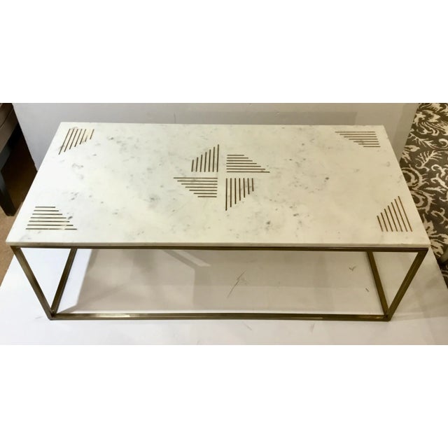Stylish modern brass inlay white marble cocktail table, gold metal base, showroom floor sample, original retail $1257