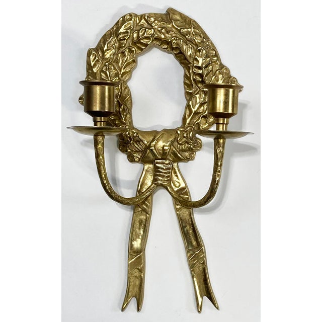 Vintage Brass Laurel Wreath Candle Wall Sconces, a Pair For Sale - Image 4 of 6