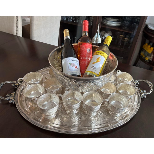 Metal 1920’s Sheffield England Hand Chased Repousse SilverPlate Punch Bowl W/12 Cups For Sale - Image 7 of 12