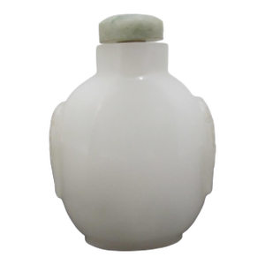 Chinese Carved Masks White Peking Glass Snuff Bottle With Green Top