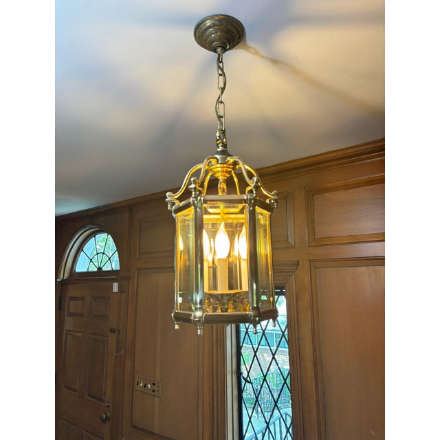 Antique Brass Hexagon Beveled Glass Hall Lantern, Late 1800 - Early 1900 For Sale - Image 11 of 13