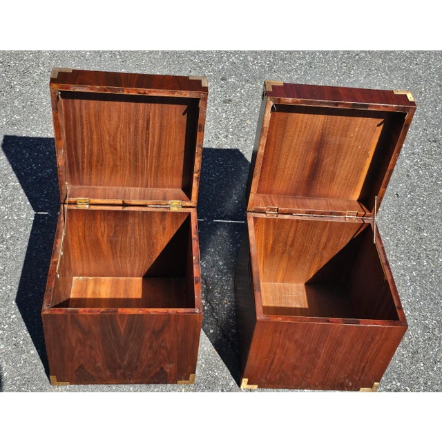Pair of Mid Century Teak Campaign Style Cubical Side Tables Chests For Sale In Washington DC - Image 6 of 11
