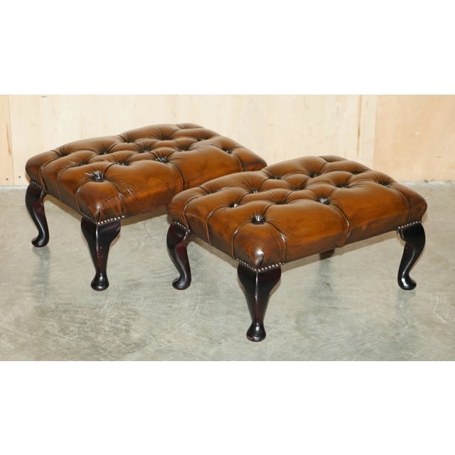 Vintage Pair of Chesterfield Chestnut Brown Leather Wingback Armchairs & Footstools For Sale - Image 15 of 18