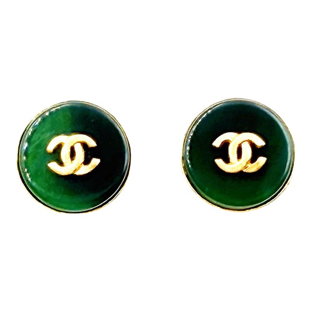 Chanel Vintage Gold Plated CC Green Stone Round Clip on Earrings, A Pair For Sale