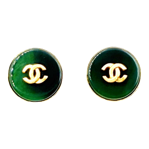 Chanel Vintage Gold Plated CC Green Stone Round Clip on Earrings, A Pair