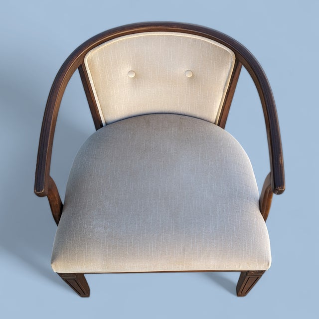 Pair of Vintage Curved Wood and Upholstered Barrel Armchairs For Sale - Image 11 of 14