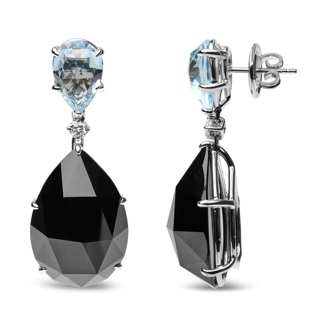 Contemporary 18K White Gold 1/5 Cttw Diamond with Pear Cut Sky Blue Topaz and Pear-Cut Black Onyx Gemstone Dangle Earring (G-H Color, SI1-SI2 Clarity) For Sale - Image 3 of 5