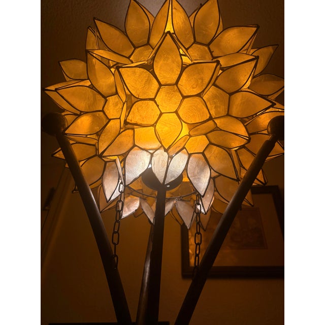 Vintage Brutalist Capiz Shell "Lotus" Floor Lamp With Hand-Wrapped Copper Binding For Sale - Image 11 of 12