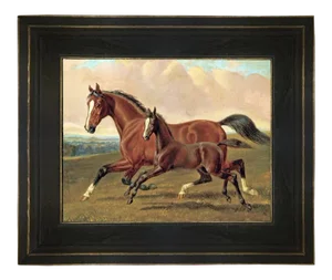 "Elder Mare and Foal" Contemporary Reproduction Print on Canvas After John Herring, Framed