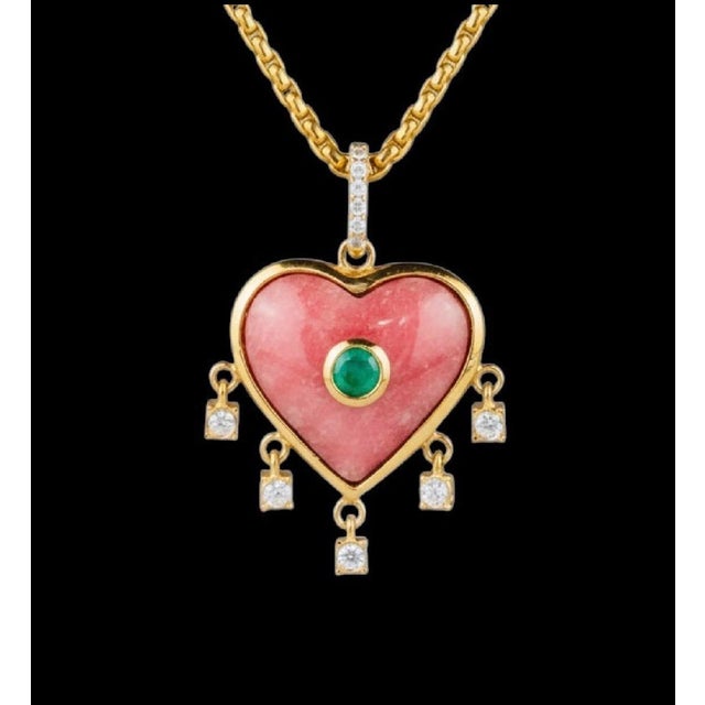 Rhodochrosite Heart Pendant With Emerald, Diamonds & 14k Gold For Sale - Image 4 of 9