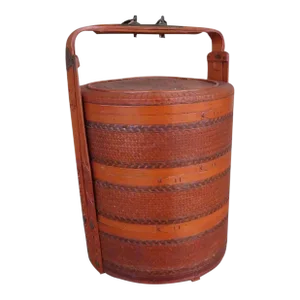 Antique Chinese Three Tier Red Lacquer Woven Twill Basket With Decorative Checker Weaves Lid