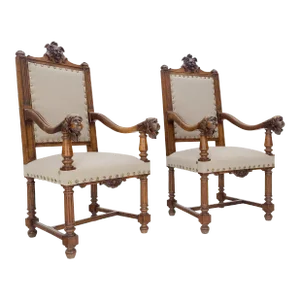Antique Heavily Carved Walnut Cherub North Wind Faces Arm Chairs New Uphols - A Pair