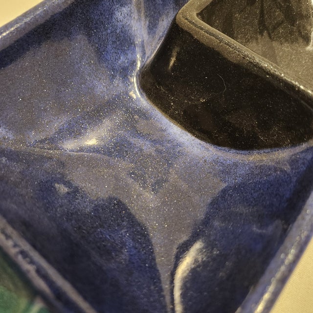 Mid-Century Modern 1990s Mid-Century Modern Triple Sectional Stoneware Appetizer Tray – Teal, Purple, Black Reactive Glaze - Set of 3 For Sale - Image 3 of 10