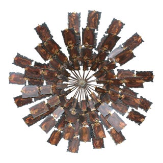 Brutalist Brass / Copper Colored Metal & Iron Jere Style Circular Windmill Wall Hanging Art For Sale