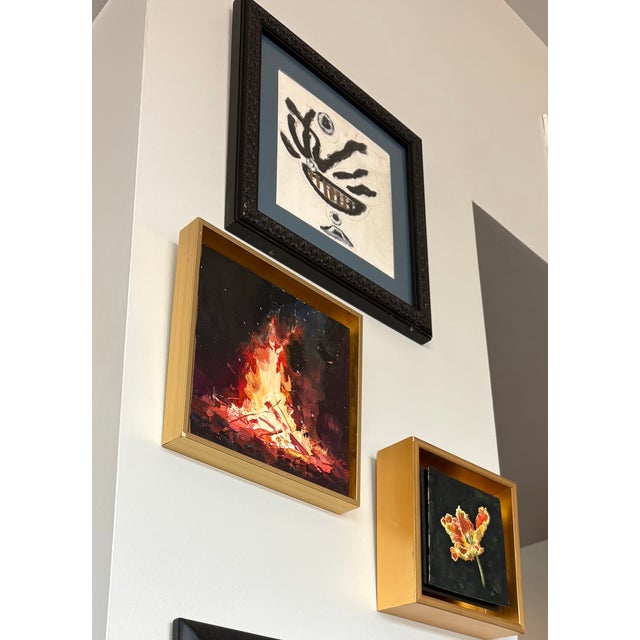 Brilliant: the brightest of fires in the darkest of night. Metaphorical or physical, a powerful piece. Oil on cradled wood...