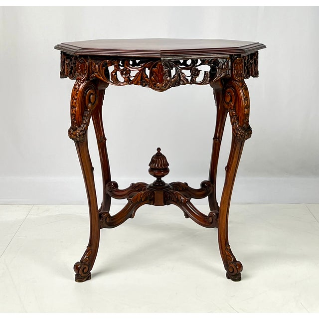 Wood Rococo Revival Carved Walnut & Burl Octagonal Accent Table For Sale - Image 7 of 16