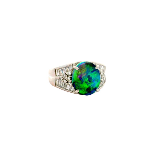 Metal 2.57 Carat Australian Black Opal Diamond Platinum Ring, Size 9.5 For Sale - Image 7 of 9