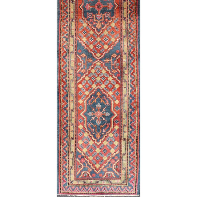 Antique Khotan Runner in Deep Indigo, Rust Red, and Soft Yellow Tones For Sale - Image 4 of 14