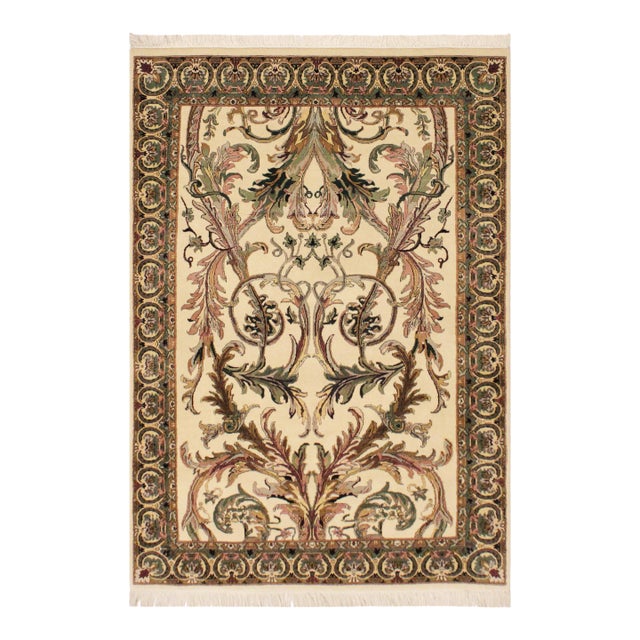 Shabby Chic Bhati Pak-Persian Ivory/Green Wool Rug - 4'1'' X 6'7'' For Sale
