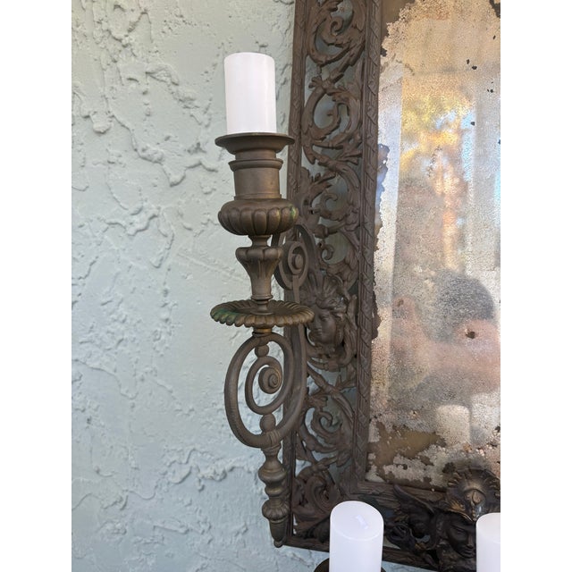 Antique Baroque Revival Metal Wall Mirror With Integrated Candleholders, Circa 1890–1910 For Sale - Image 4 of 12